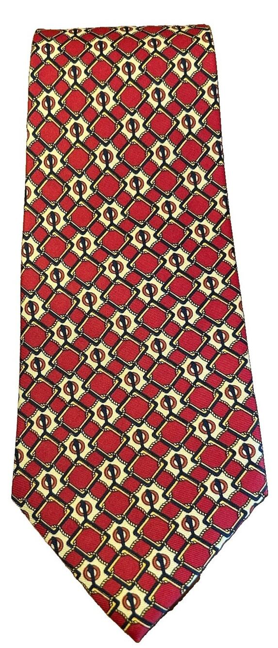 Vtg Baggio Italian Silk Men’s Tie RED GOLD Horsebit Chain 4” Necktie Medallion